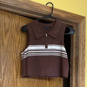 Kendall & Kylie Brown Sleeveless Polo Crop Top with White Stripes